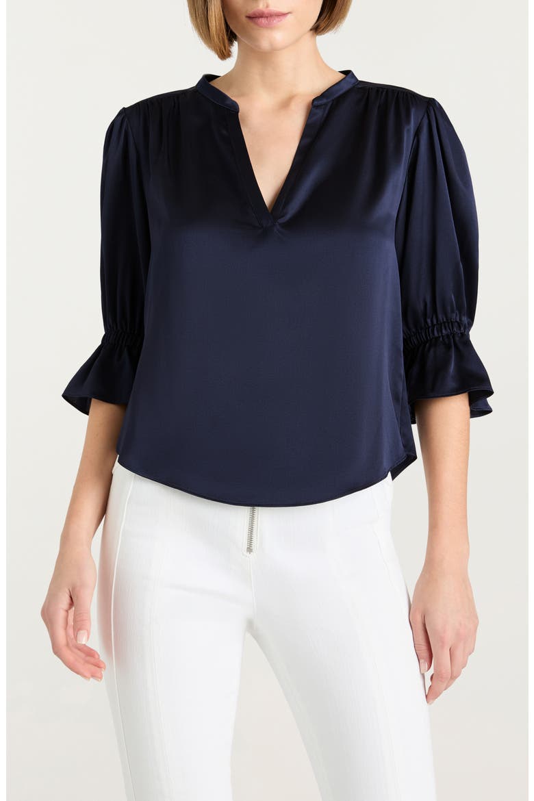Fiona Split Neck Silk Top, Main, color, NAVY