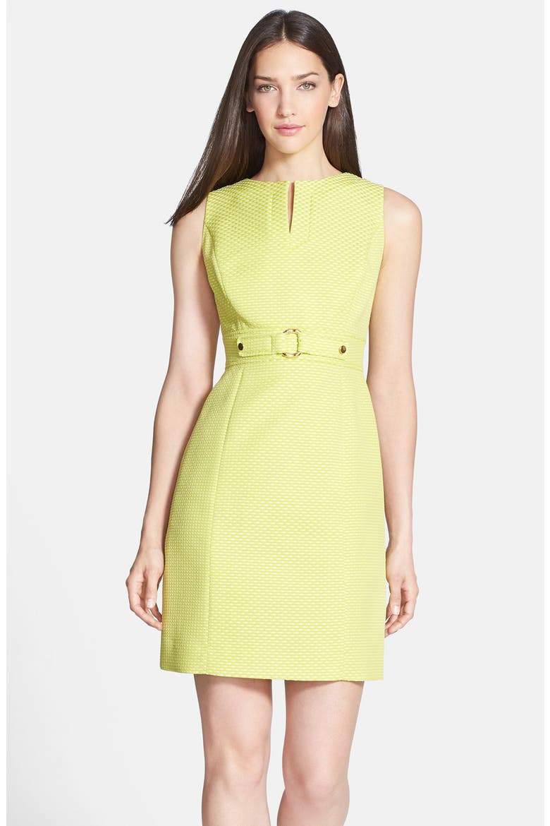 Belt Detail Jacquard Sheath Dress, Main, color, CITRINE/ WHITE