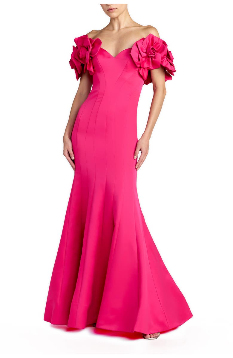 Mac Duggal Satin Off The Shoulder Floral Detail Trumpet Gown, Main, color, Hot Pink