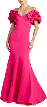 Mac Duggal Satin Off The Shoulder Floral Detail Trumpet Gown