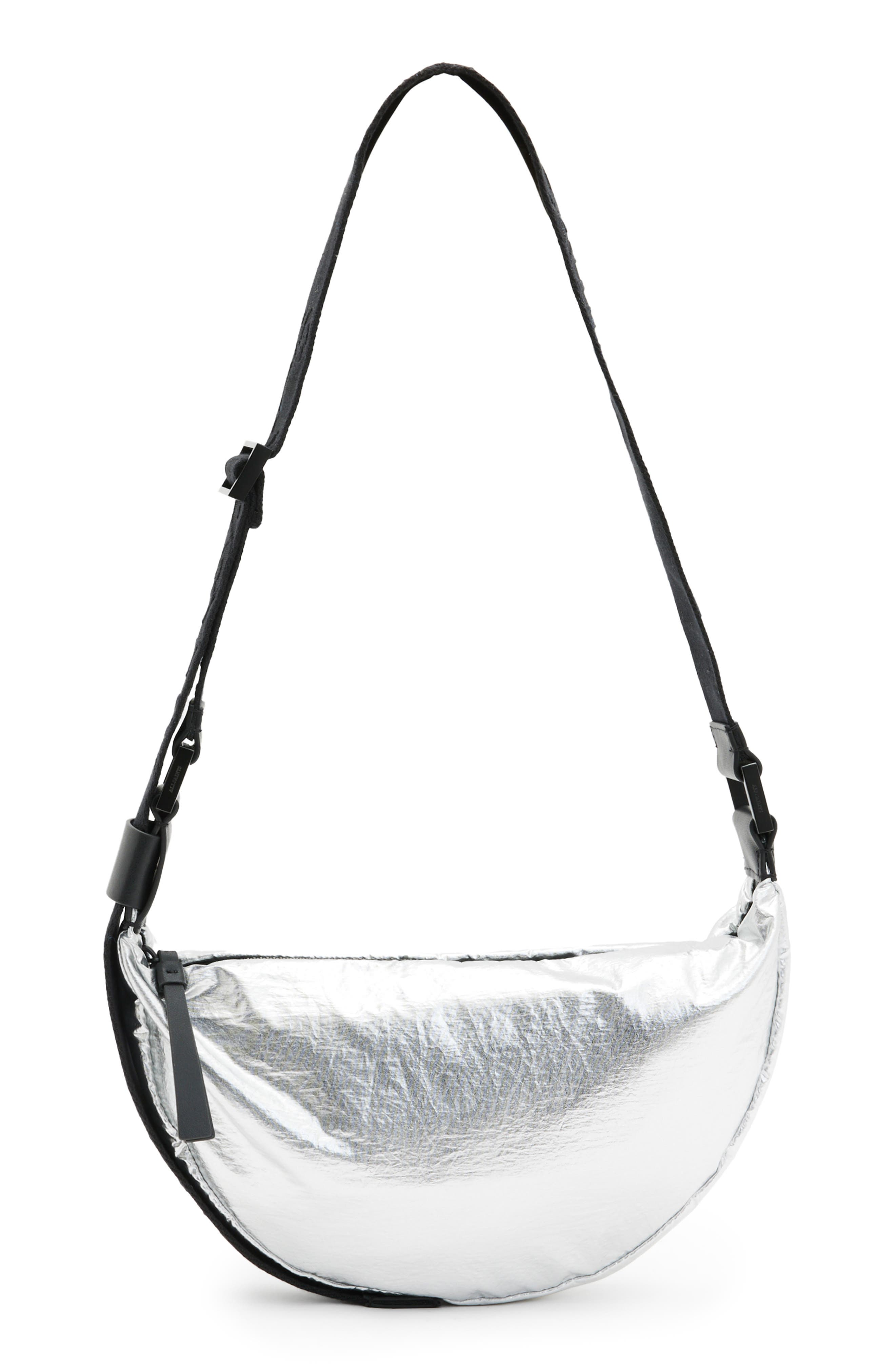 AllSaints Half Moon Metallic Nylon Crossbody Bag, Main, color, 