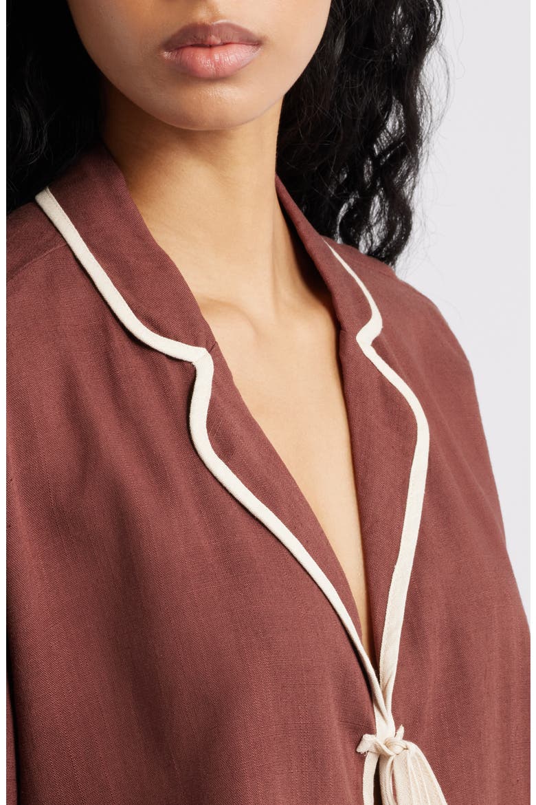 Dalton Tie Front Cotton & Linen Shirt, Alternate, color, BROWN CREAM