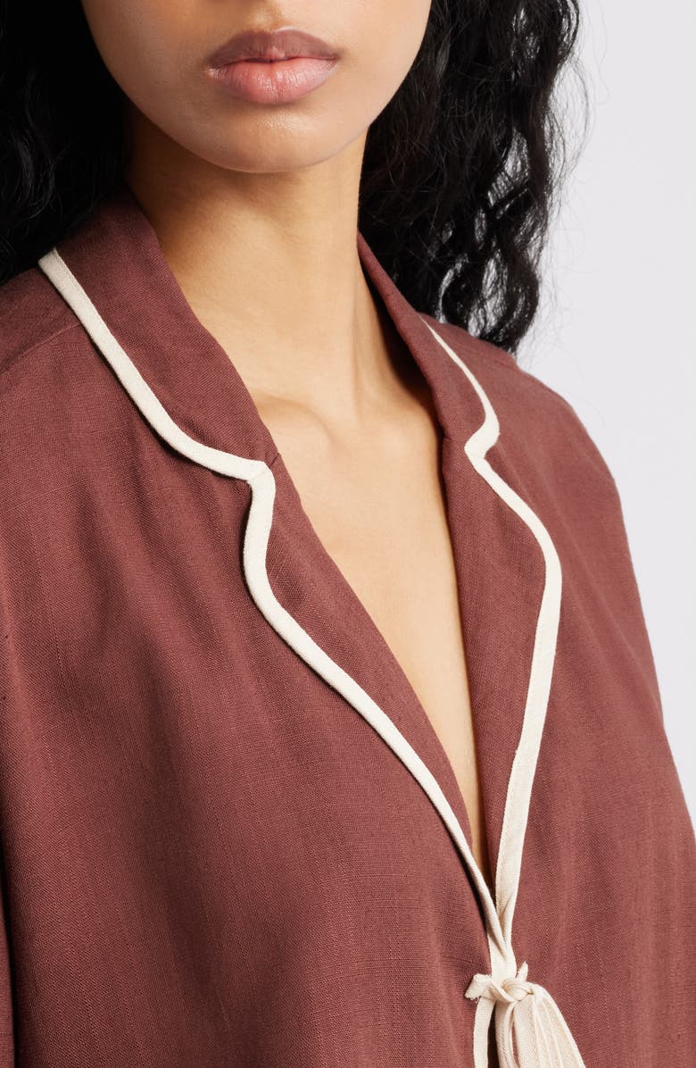 Petal & Pup Dalton Tie Front Cotton & Linen Shirt, Alternate, color, Brown Cream