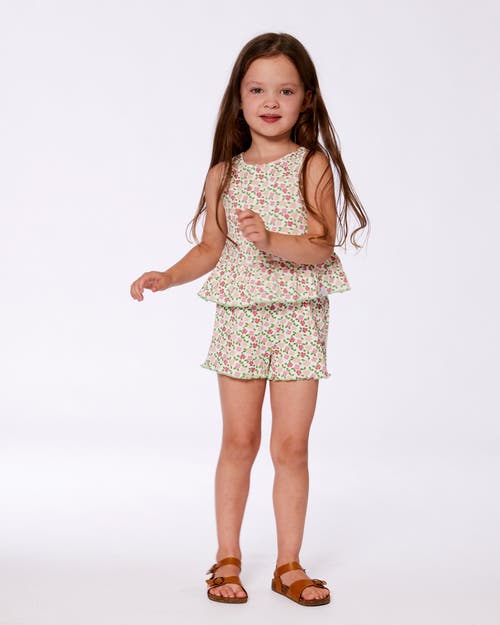 Deux Par Deux Girl's Printed Ribbed Short Small Flowers On White Background In Small Flowers On White