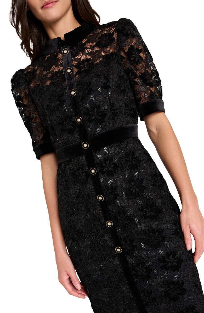 Tahari ASL Metallic Lace & Velvet Shirtdress, Alternate, color, Black
