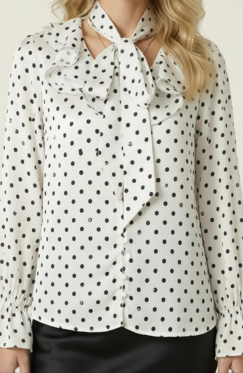 Modenaire Polka Dot Tie Neck Blouse, Alternate, color, Off-White