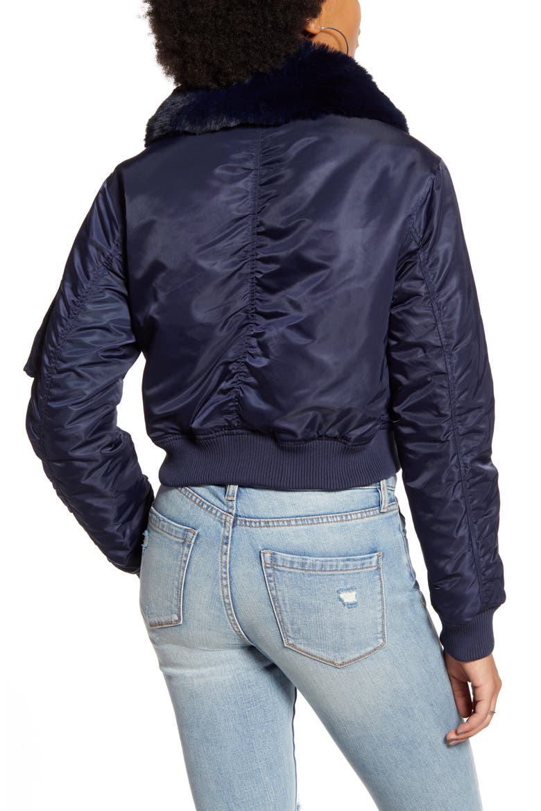 Faux Fur Collar Cropped Bomber Jacket, Alternate, color, NAVY