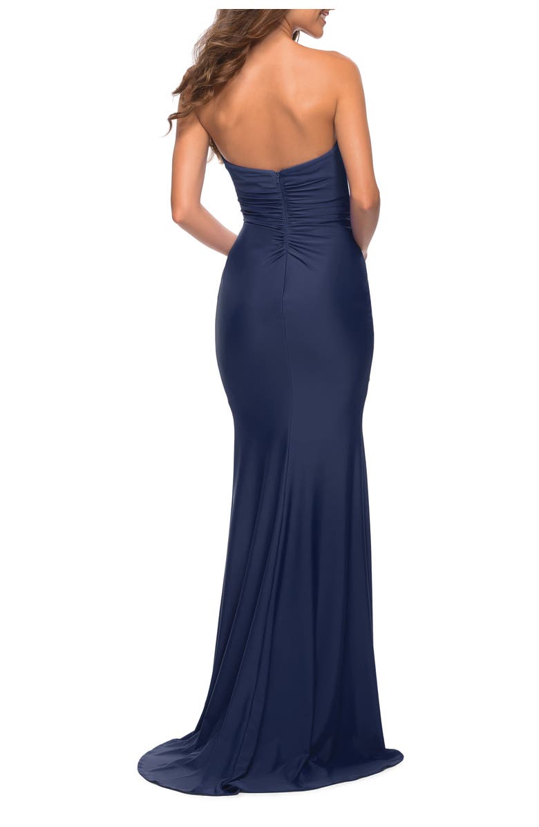 La Femme Sweetheart Strapless Gown with Side Ruching, Alternate, color, Navy