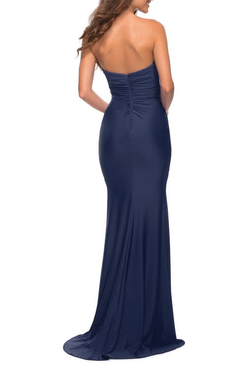 La Femme Sweetheart Strapless Gown With Side Ruching In Blue