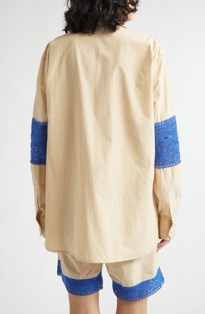 KÚR Oversize Stripe Organic Cotton Button-Up Shirt with Crochet Panels, Alternate, color, Beige