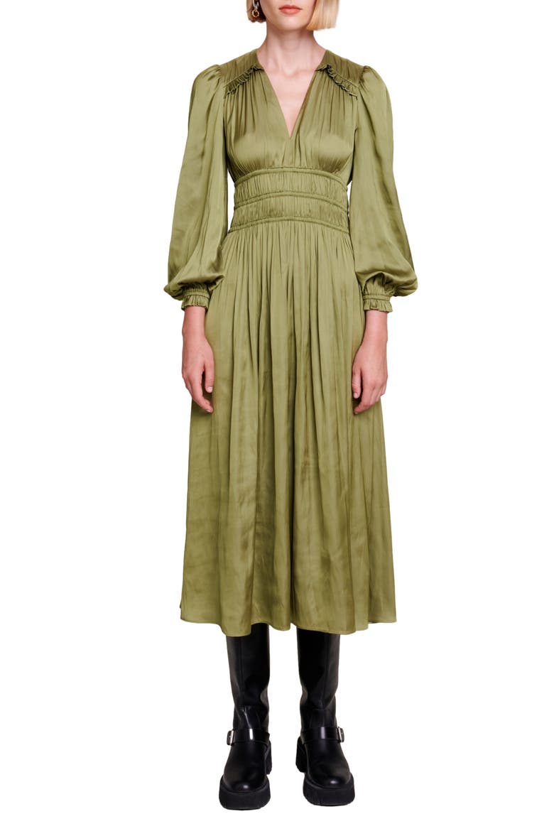 Long Sleeve Ruffle Satin Midi Dress, Main, color, KHAKI