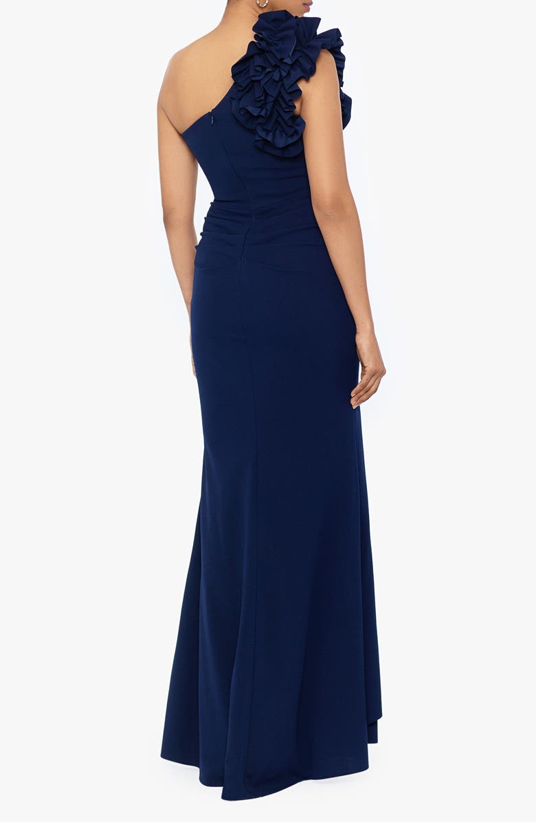 Xscape Evenings Ruffle One-Shoulder Scuba Crepe Gown, Alternate, color, Navy