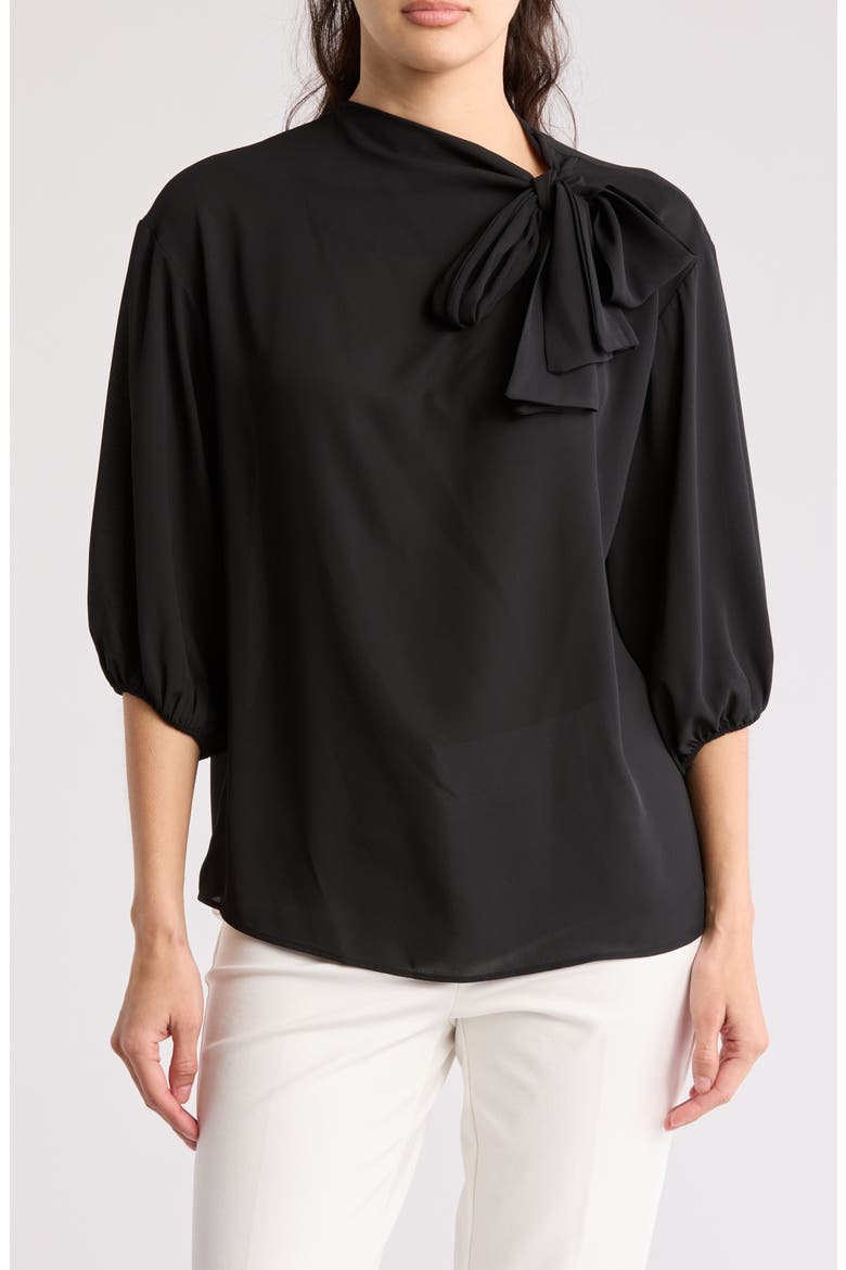 Scarf Detail Three-Quarter Sleeve Top, Main, color, BLACK