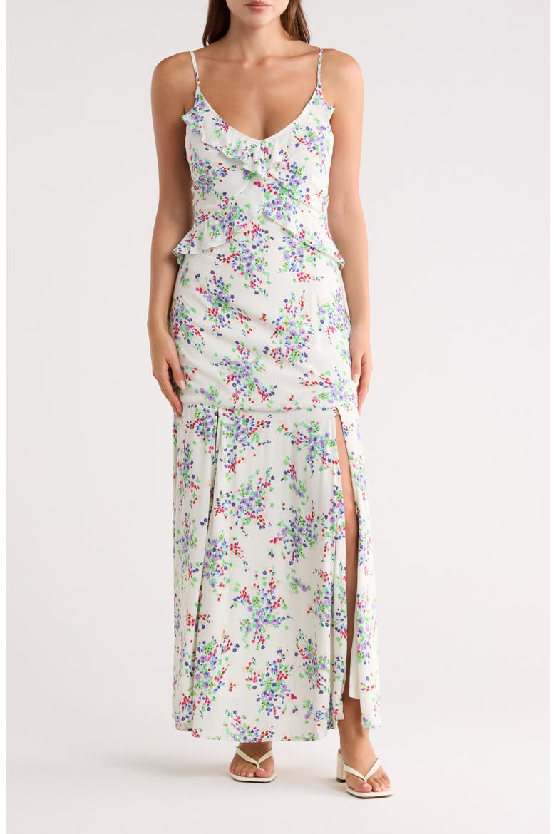 Ruffle V-Neck Maxi Dress, Main, color, IVORY/ VIOLET