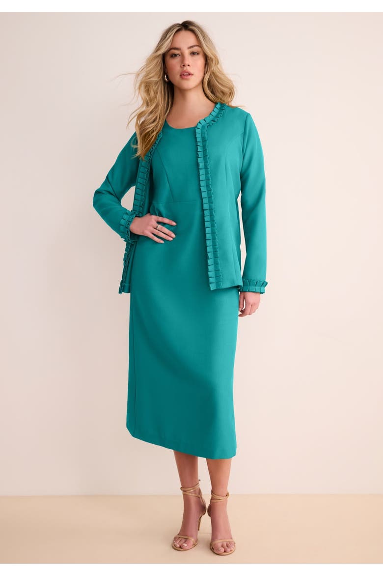 Plus Size Long Sleeve Pleated Jacket Dress Set Elegant 2 Piece Sheath Suit, Main, color, GEMSTONE GREEN