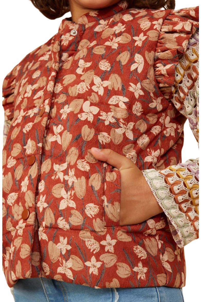 Kids' Floral Ruffle Corduroy Vest, Alternate, color, RUST
