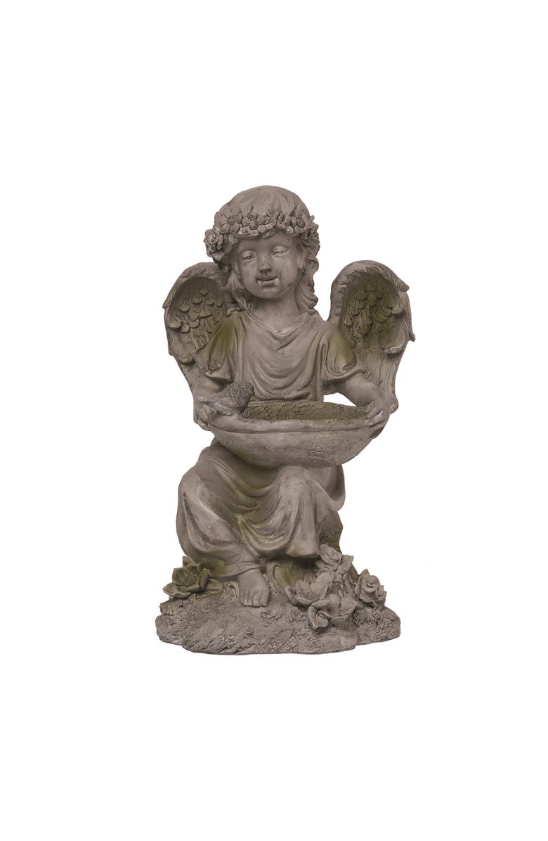 Transpac 13 Inch Gray Spring Angel Birdbath Garden Decor Polyresin Outdoor Bird Baths for Spring, Main, color, Gray