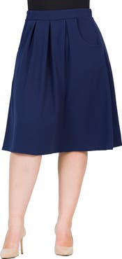 24seven Comfort Apparel Elastic Waist Pleated Knee Length Pocket Skirt