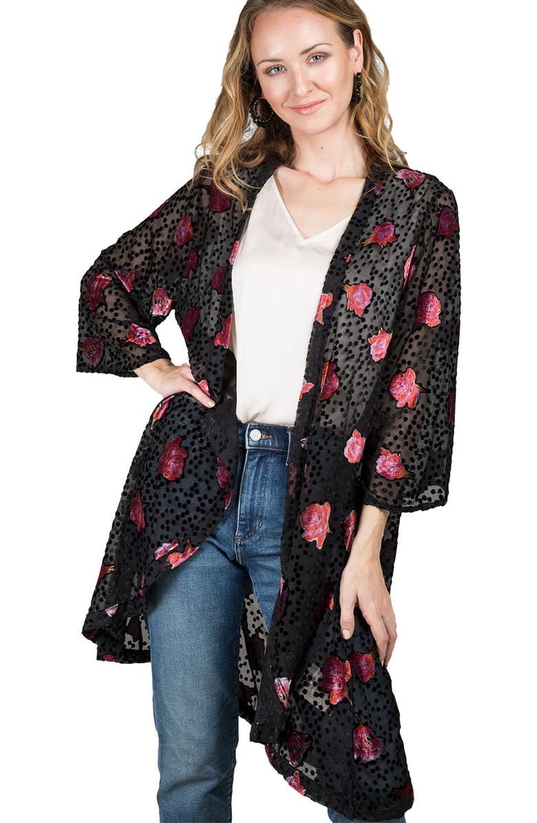 SAACHI Rose Velvet Burnout Ruana, Alternate, color, Black