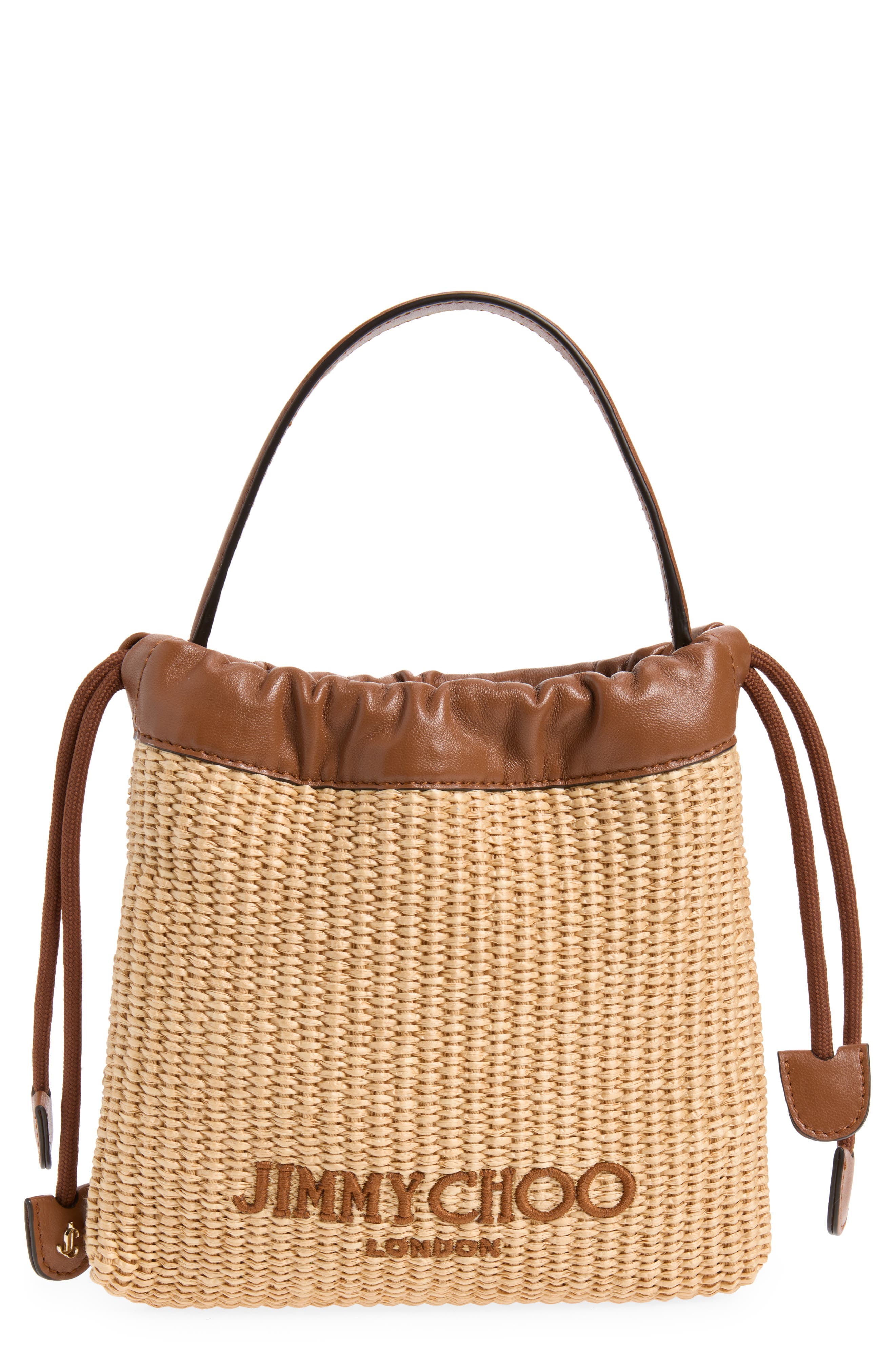 Jimmy Choo Woven Raffia Top Handle Drawstring Pouch, Main, color, Natural/ Tan/ Light Gold