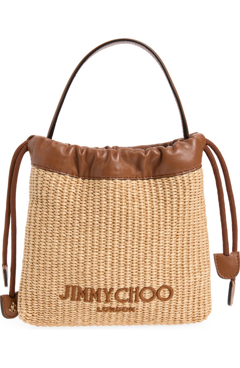 Jimmy Choo Woven Raffia Top Handle Drawstring Pouch, Main, color, Natural/ Tan/ Light Gold