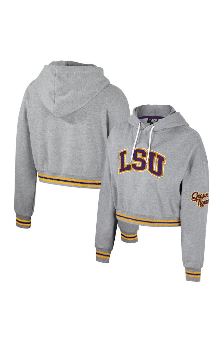 THE WILD COLLECTIVE Women's The Wild Collective Heather Gray LSU Tigers Cropped Shimmer Pullover Hoodie, Main, color, 