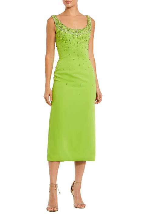 Beaded Crepe Scoop Neck Sleeveless Sheath Midi Dress