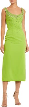 Mac Duggal Beaded Crepe Scoop Neck Sleeveless Sheath Midi Dress