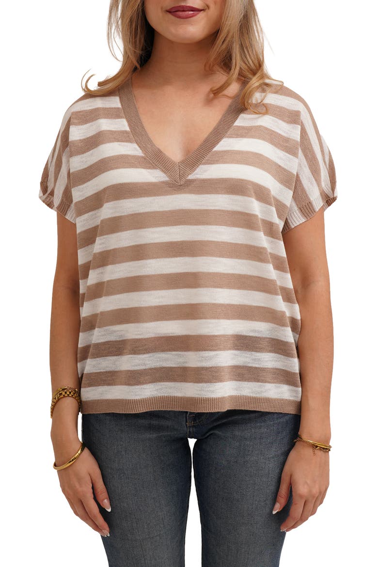 Striped V Neck Cap Sleeve Sweater, Main, color, TAUPE/ BONE