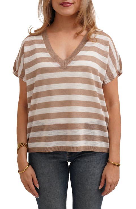 Striped V Neck Cap Sleeve Sweater