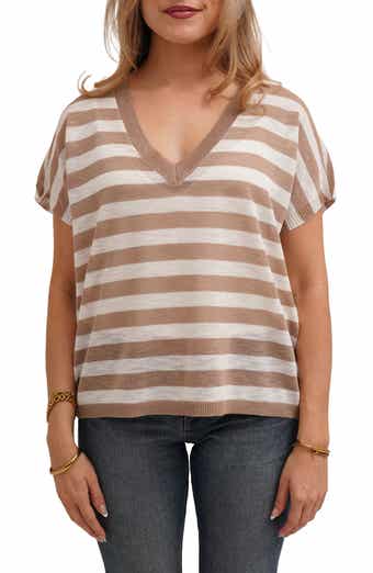 Striped V Neck Cap Sleeve Sweater