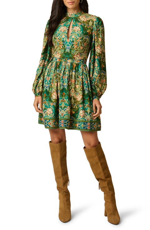 Print Mock Neck Long Sleeve Minidress