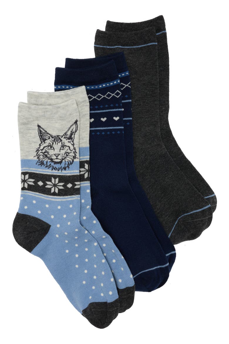 3-Pack Assorted Fair Isle Critter Quarter Socks, Main, color, SNOWY KITTY FAIRISLE MULTI