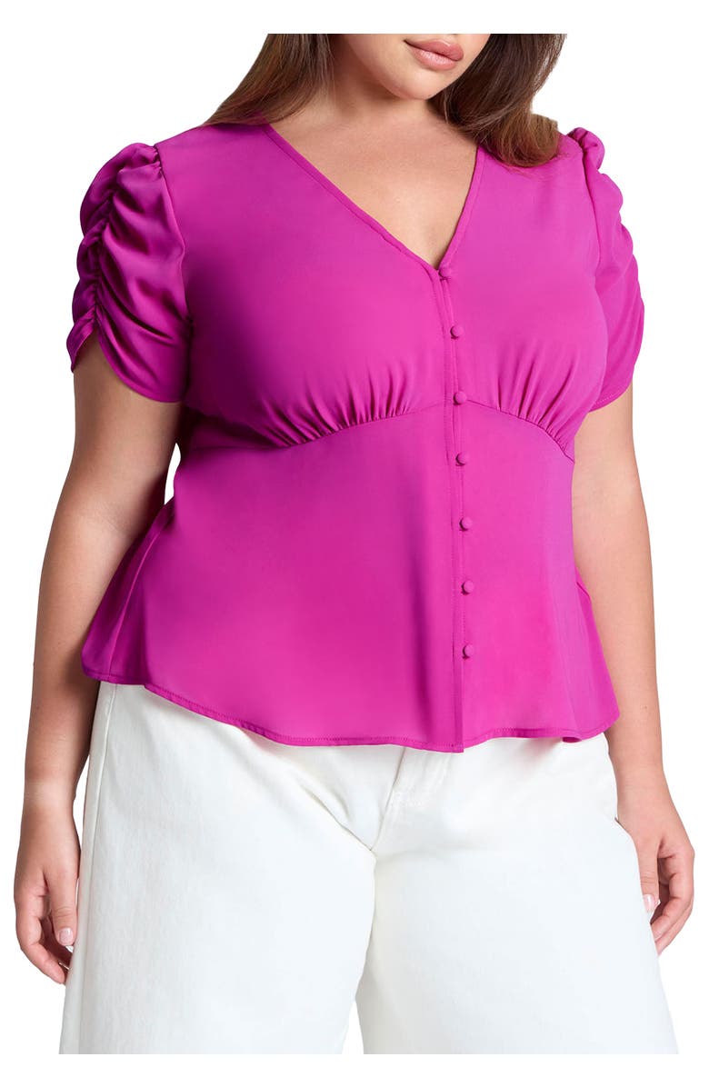 ELOQUII Shirred Sleeve Top With Buttons, Main, color, Berry