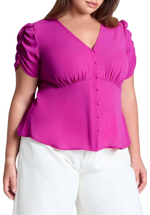 Shirred Sleeve Top With Buttons