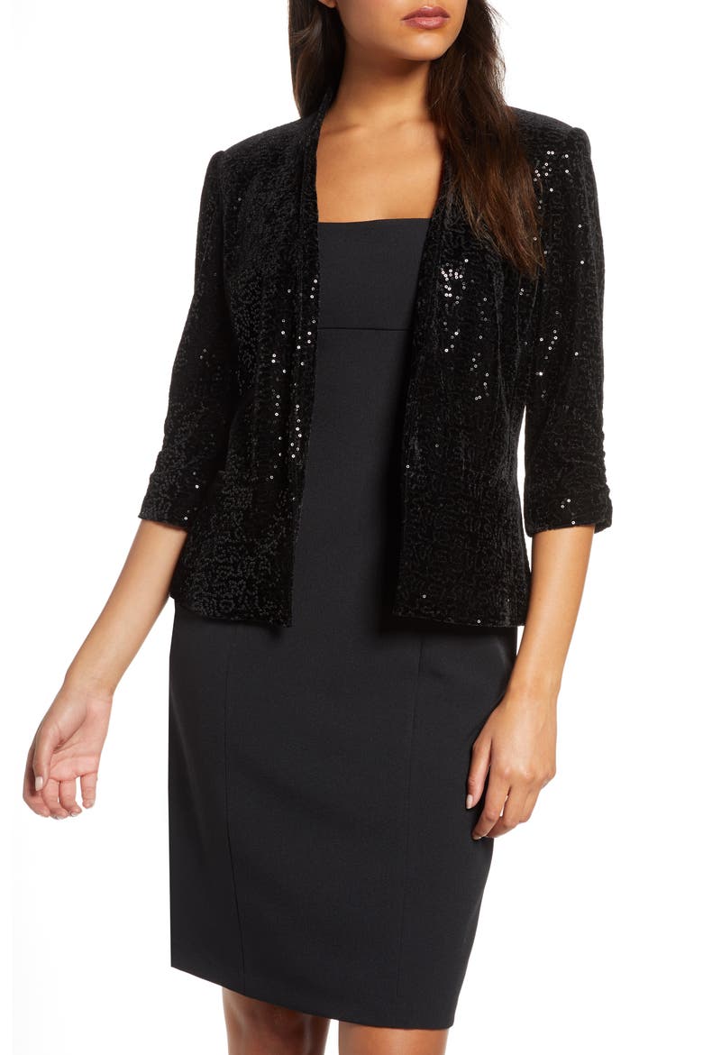Sequin Ruched Sleeve Blazer, Main, color, BLACK