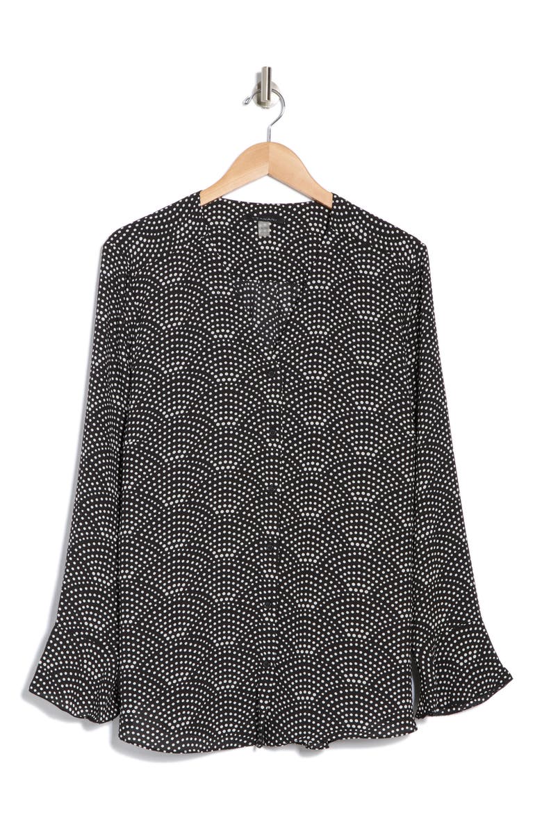Long Sleeve Button-Up Top, Main, color, BLACK IVORY SCALLOPED DOT