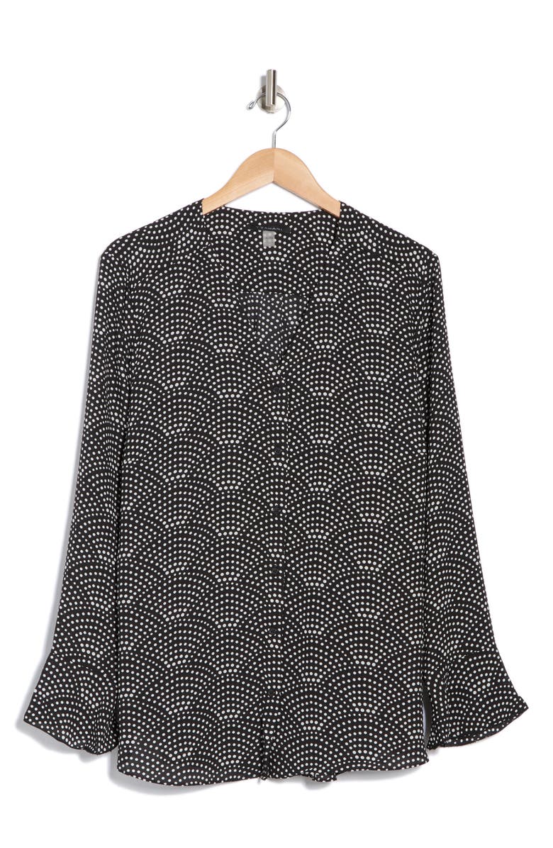 T Tahari Long Sleeve Button-Up Top, Main, color, Black Ivory Scalloped Dot