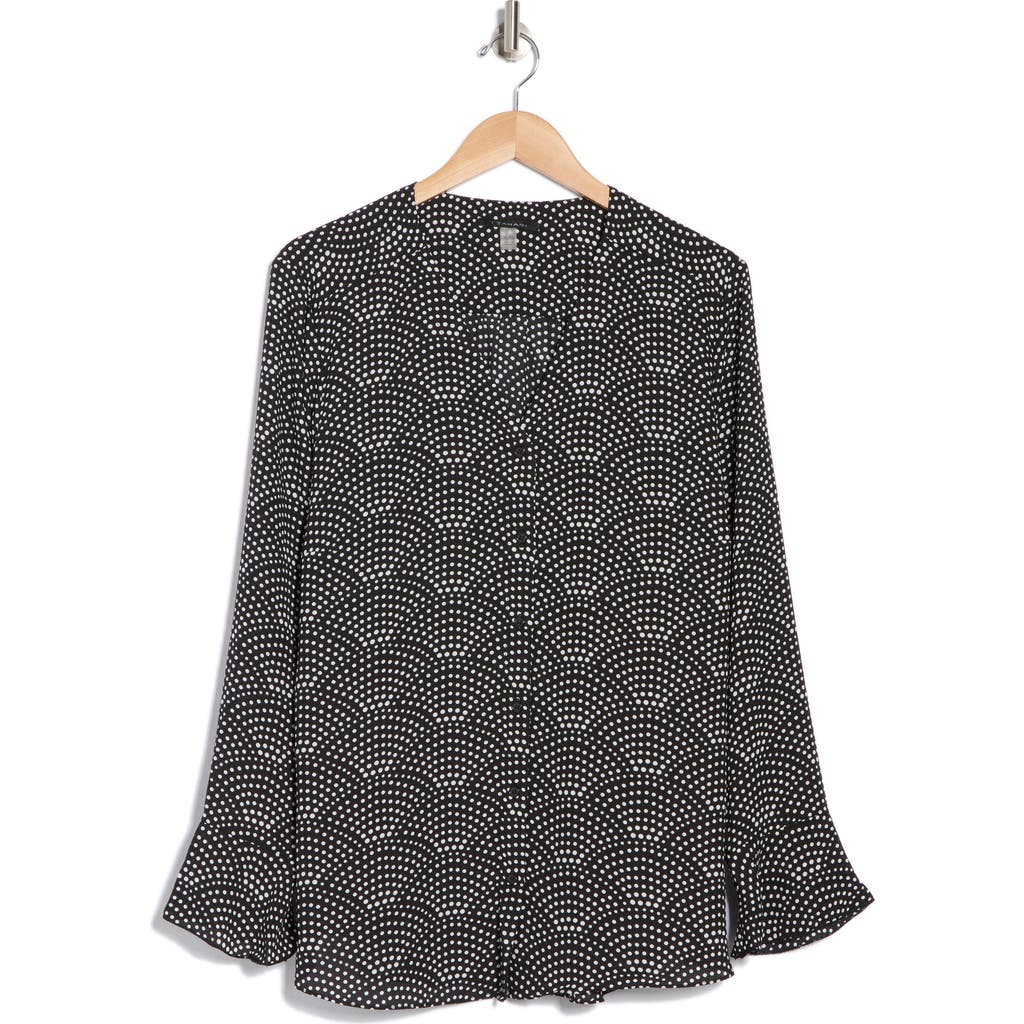 T Tahari Long Sleeve Button-up Top In Black Ivory Scalloped Dot