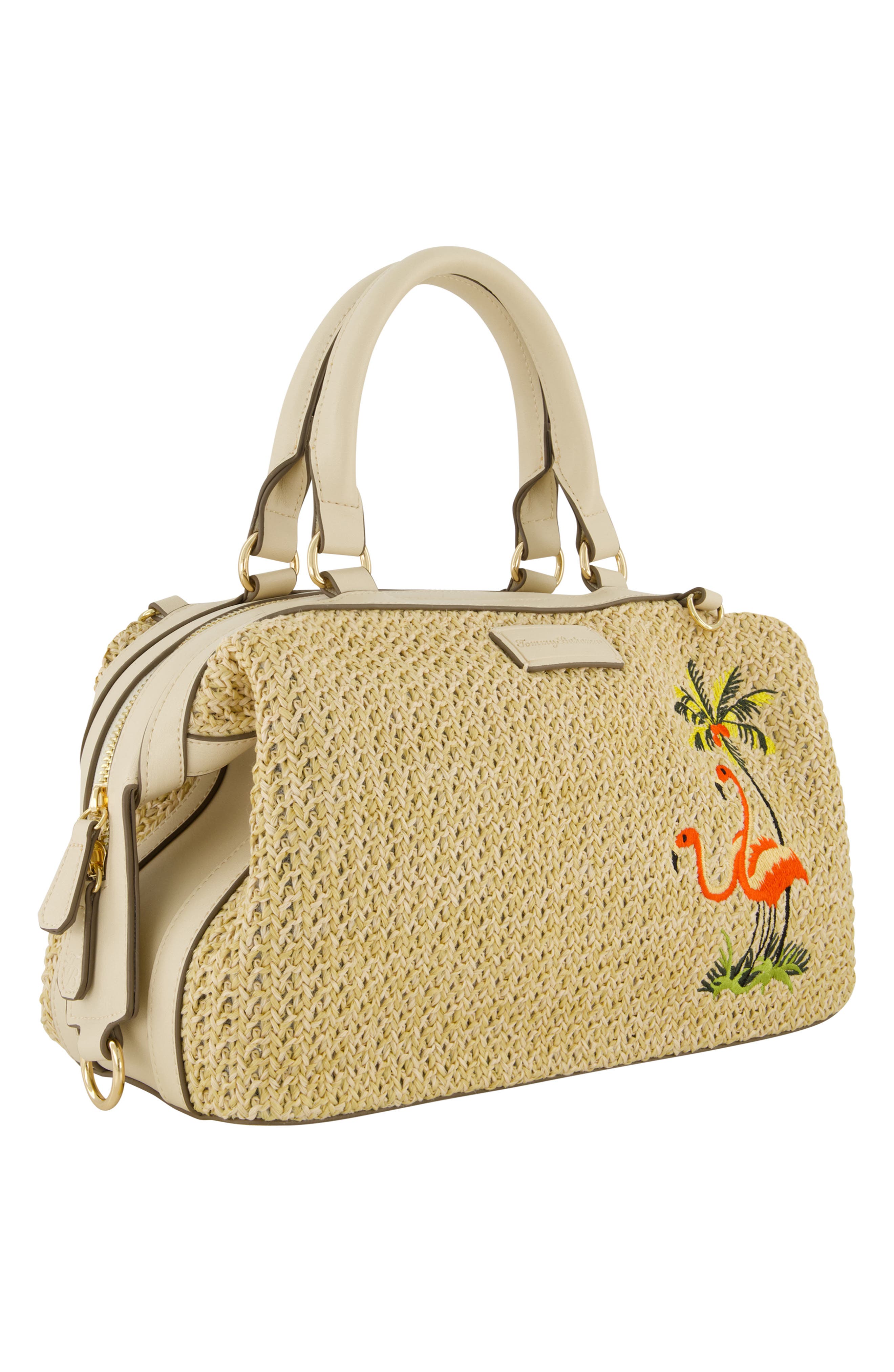 Tommy Bahama Flamingo Embroidered Woven Satchel, Alternate, color, Cream
