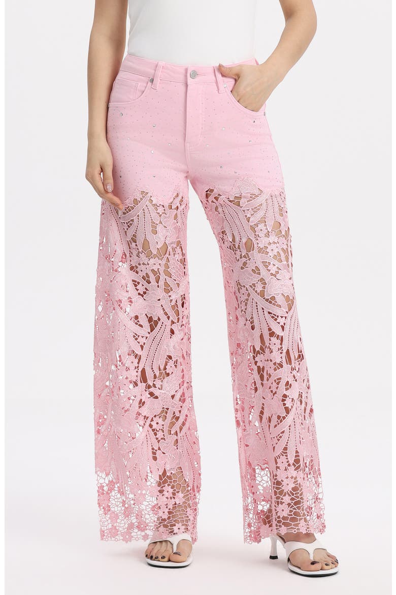 High Waist Crystal Embellished Lace Wide Leg Jeans, Main, color, PINK