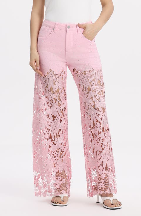 High Waist Crystal Embellished Lace Wide Leg Jeans