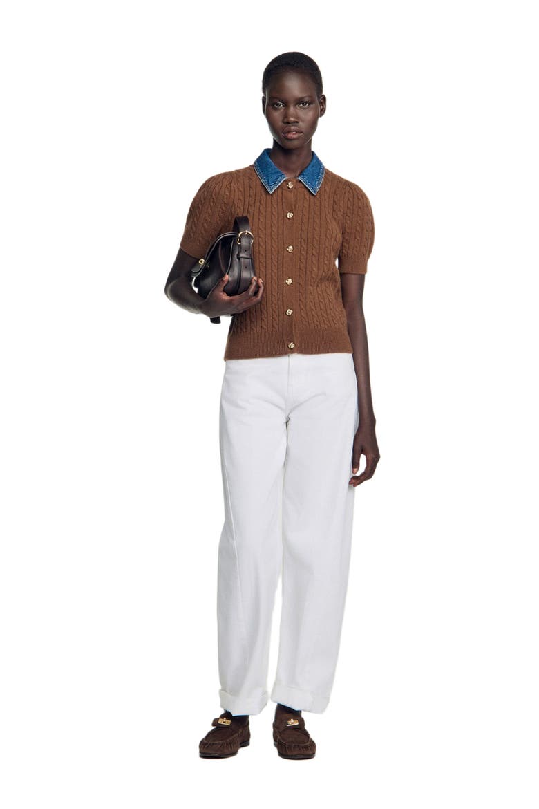 Cardigan with detachable denim collar, Alternate, color, Brown