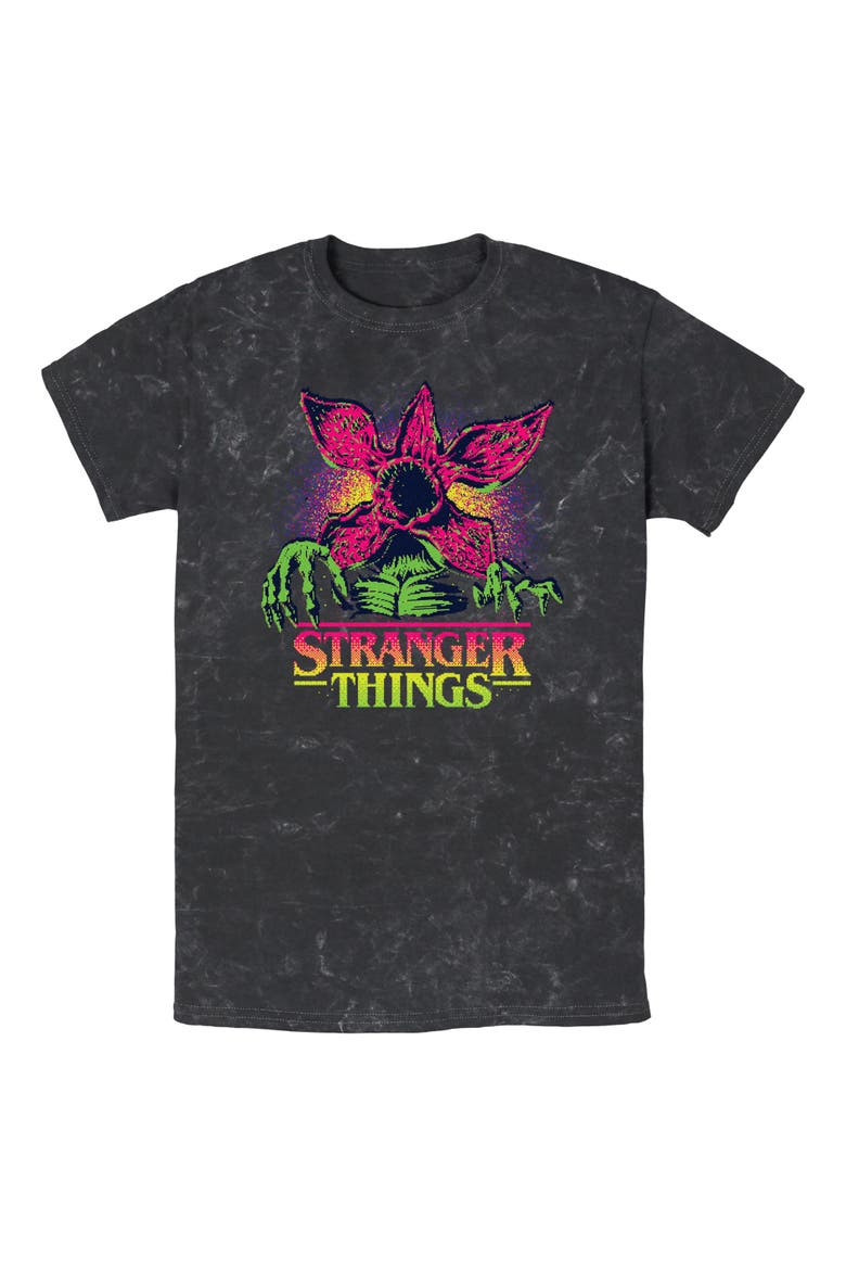 Mens Stranger Things Demogorgon Neon Pixel Logo T Shirt, Main, color, Black