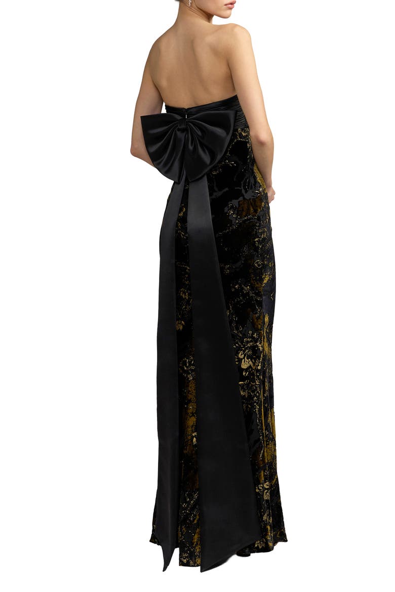 Strapless Floral Velvet Bow-Back Evening Gown, Alternate, color, Black Gold