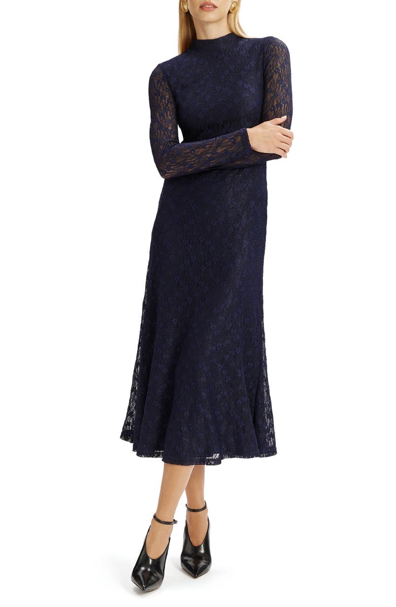 Bardot Ola Floral Lace Long Sleeve Midi Dress, Main, color, Navy