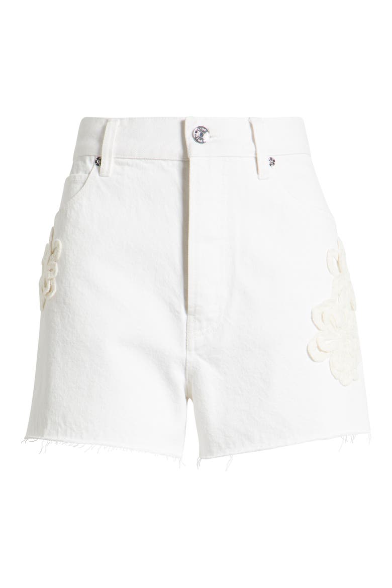 The Dare Floral Appliqué Frayed High Waist Denim Shorts, Alternate, color, FLURRY