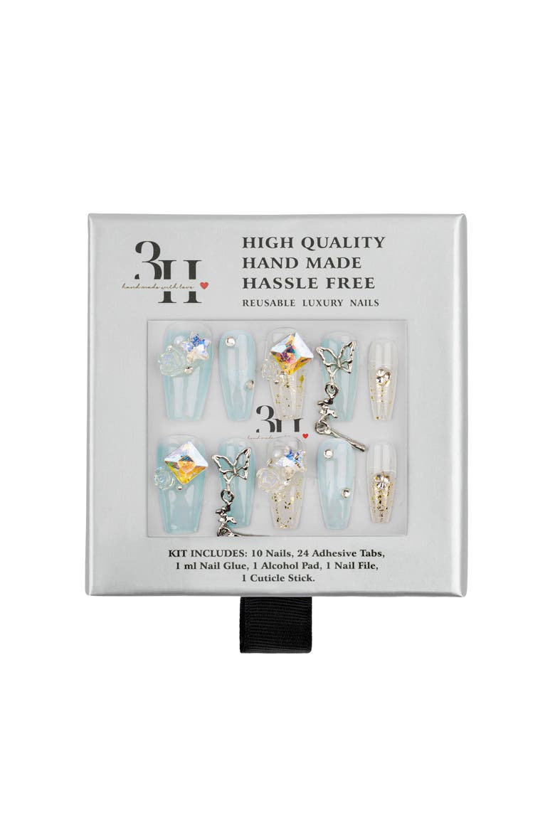 3H Luxury Handmade Press-on Nails - Crystal Butterfly, Alternate, color, White/Blue/Clear