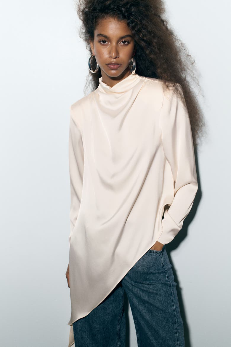 Tie-Detail Satin Blouse, Alternate, color, Cream