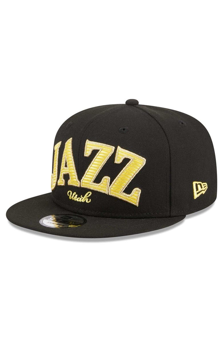 New Era Men's New Era Black Utah Jazz Golden Tall Text 9FIFTY Snapback Hat, Alternate, color,